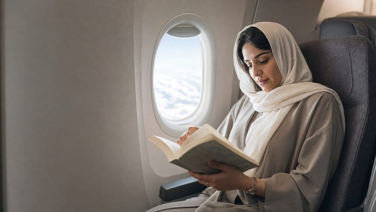 A woman reading by an aircraft window.