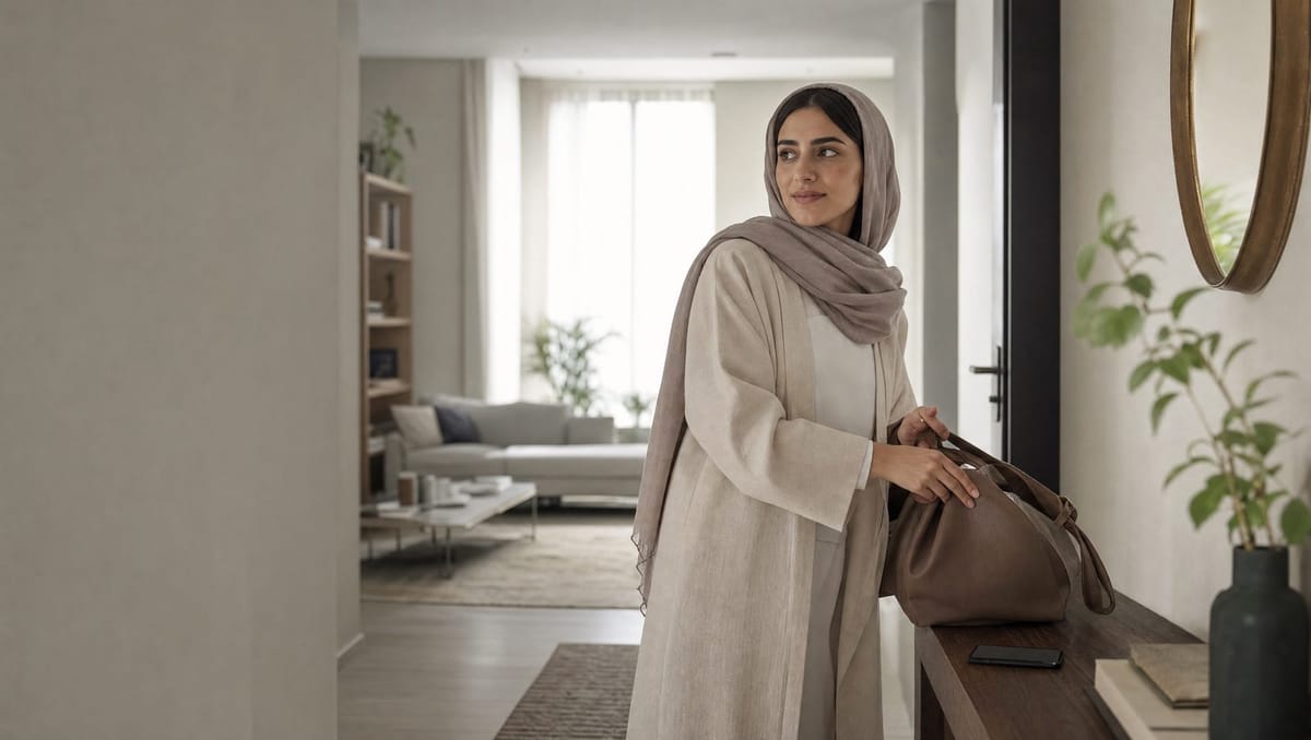 A woman leaving home in the morning, phone in hand.